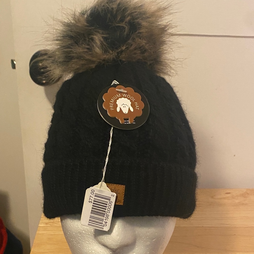 Adult Black Wool Hat with Faux Fur Pom